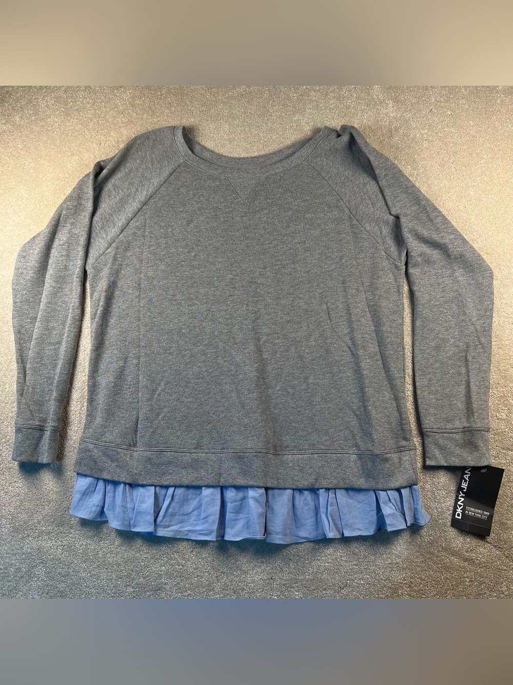 DKNY‎ Shirt Sweatshirt Faux Shirt Ruffle Hem Crew Neck Long Sleeve NWT X Large